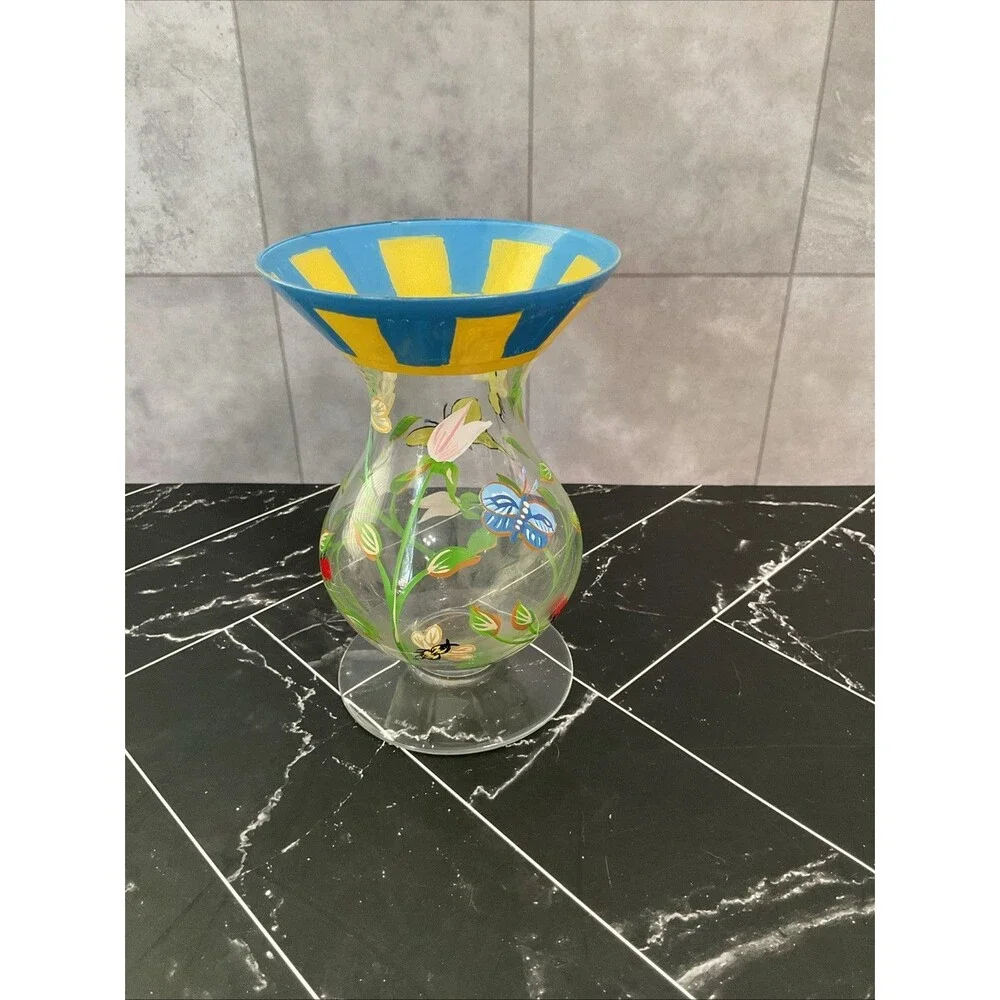 Butterfly Meadow Dragonfly Ladybug FlowerHand Painted Glass Vase 6”